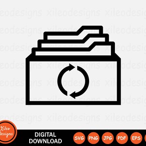 Puede incluir: Icono en blanco y negro de una carpeta con tres pestañas y un símbolo de flecha circular en su interior. El símbolo de la flecha apunta en el sentido de las agujas del reloj, lo que indica una acción de actualización o actualización.