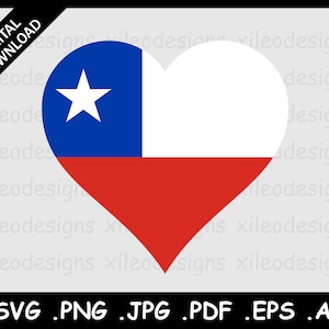 May include: A heart-shaped graphic featuring the Chilean flag. The design includes a blue square with a white star in the upper left, a white stripe, and a red lower section. Text reads "DIGITAL DOWNLOAD" and file formats .SVG .PNG .JPG .PDF .EPS .AI.