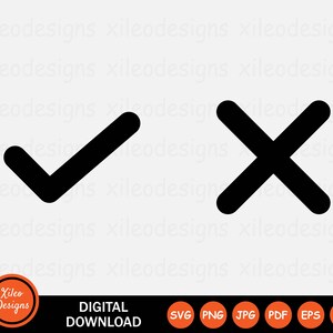 May include: Black checkmark and a black X symbol.  These are simple icons that can be used for a variety of purposes, such as indicating yes or no, true or false, or correct or incorrect.