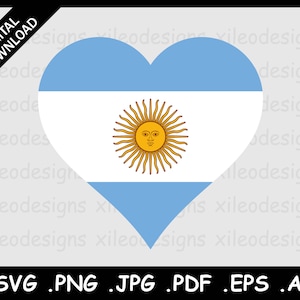 Op de afbeelding: Een hartvormige afbeelding van de Argentijnse vlag. De vlag is lichtblauw met een witte streep in het midden en een gele zon met een menselijk gezicht in het midden.