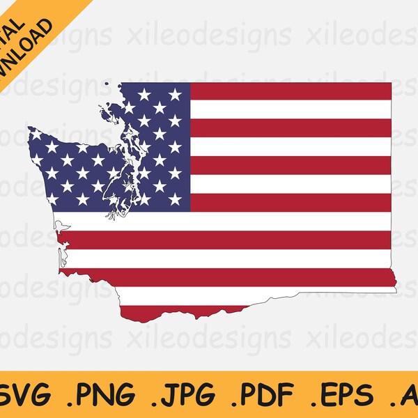 Washington Map US Flag svg - WA USA on American Flag, America State Banner Shape Border Outline, Cricut Cut File Vector, eps ai png jpg pdf