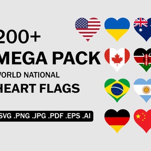 Conjunto de pacotes SVG de bandeiras nacionais de coração dos países do MUNDO, bandeira de forma de amor de cada país, ícone de vetor de arquivo Cricut Cut, png jpg pdf eps ai