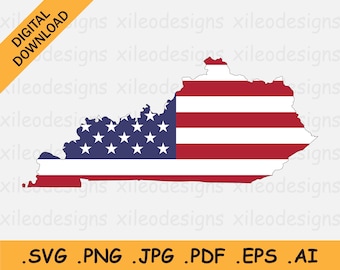 Kentucky Map US Flag svg, KY USA on American Flag, America State Banner Shape Border Outline, Cricut Cut File Vector Icon eps ai png jpg pdf