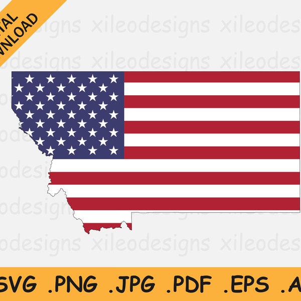 Montana Map US Flag svg, MT USA on American Flag, America State Banner Shape Border Outline, Cricut Cut File Vector Icon, eps ai png jpg pdf