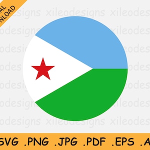 Djibouti Round Flag SVG, Djiboutian Circular Banner, National Circle Button Icon, Cricut Cut File Digital Download Vector eps ai png jpg pdf