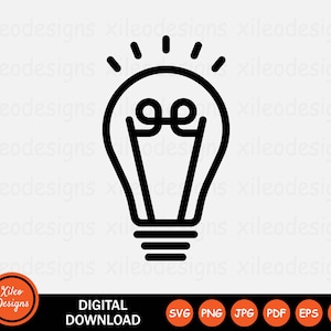 May include: A black and white line art illustration of a light bulb with a light bulb filament inside. The light bulb has a rounded top and a straight base. The light bulb is a symbol of ideas and creativity.