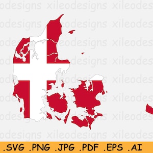 Denemarken Vlag Kaart SVG - Deense SVG Cricut Cut File, Dane Land Nation Silhouette Outline, Scrapbook Clipart Vector Icon, eps ai png jpg pdf