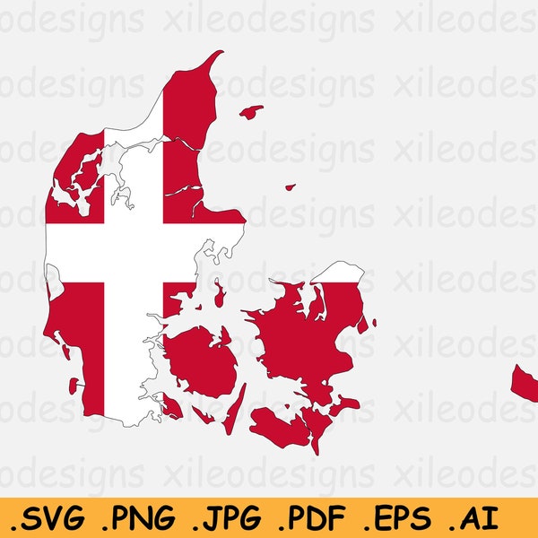 Denmark Flag Map SVG - Danish SVG Cricut Cut File, Dane Country Nation Silhouette Outline, Scrapbook Clipart Vector Icon, eps ai png jpg pdf