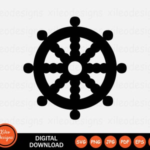 May include: Black and white illustration of a Dharmachakra, a Buddhist symbol representing the wheel of law.