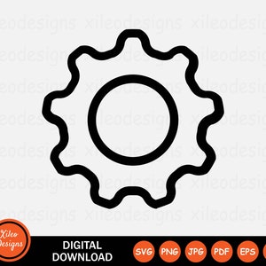 May include: Black and white line art illustration of a gear or cogwheel. The gear has a rounded shape with six teeth.