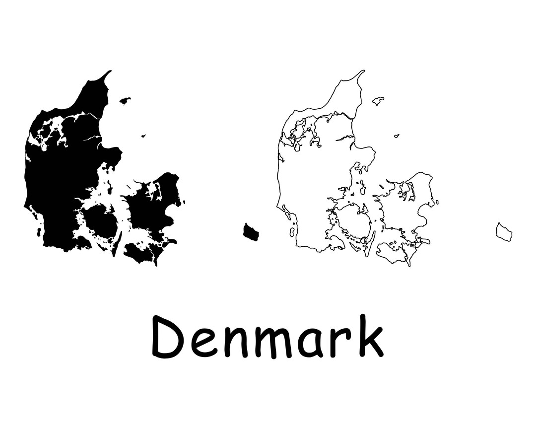 Map of Denmark, Danish Map, Black and White Detailed Solid Outline 