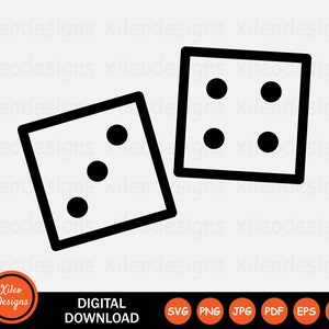 May include: Two black outline dice with white dots. The dice are on a white background. The dice are showing a three and a four.
