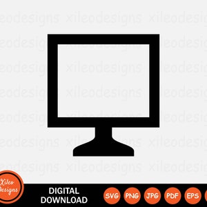 Pode incluir: Ícone preto e branco de um monitor de computador com uma tela em branco. O monitor está em um suporte com uma base arredondada.