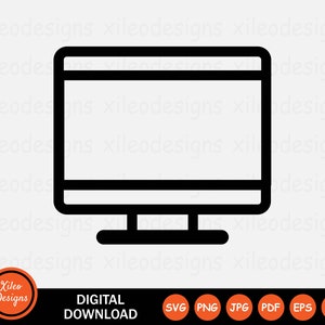 May include: Black and white icon of a computer monitor with a blank screen. The monitor is on a stand with a base. The icon is a digital download.