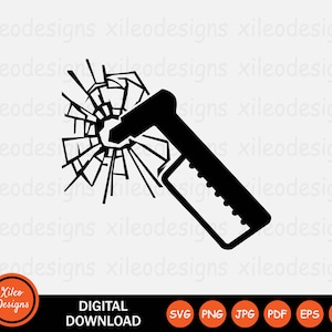 May include: Black and white silhouette of a window breaking with a hammer. The hammer is in the shape of a wrench. The image is a digital download.