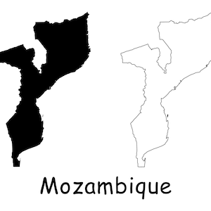 Karte von Mosambik, Mosambik Karte, schwarz weiß detaillierte durchgezogene Linie Landkarte Mosambik Karte, sofortiger digitaler Download svg png eps ai