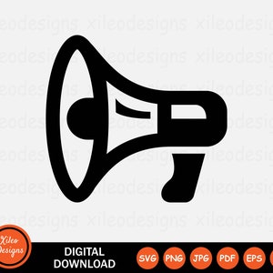 May include: Black and white silhouette of a megaphone. The megaphone is pointing to the right. The image is on a white background.