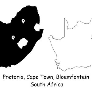 Südafrika Pretoria Kapstadt Bloemfontein Karte Drei Hauptstadt Städte Landort Geografie Karte Pin Schwarz Weiß jpg svg png ai eps