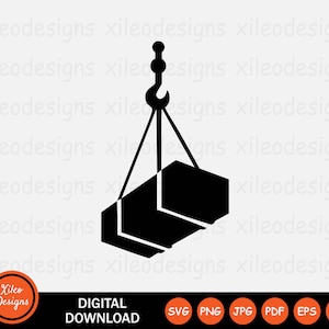 Może przedstawiać: Czarno-biała sylwetka dźwigu podnoszącego stos trzech prostokątnych bloków.