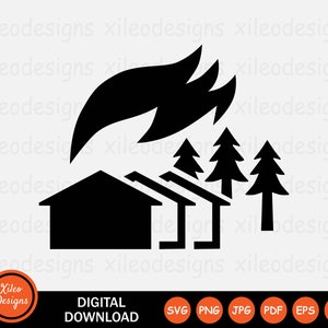 May include: Black and white silhouette of a house with flames above it. There are three trees behind the house. The image is a digital download.