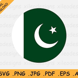 May include: A green circle with a white crescent moon and a white five-pointed star in the center. The circle represents the flag of Pakistan.
