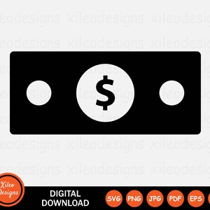 May include: Black and white icon of a dollar bill with a dollar sign in the center. The bill has two circles on either side of the dollar sign.