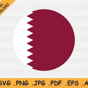 Puede incluir: Una bandera circular de Qatar. La bandera es blanca en el lado izquierdo con una cuña dentada de color marrón que se extiende desde el lado derecho. El lado derecho de la bandera es de color marrón sólido.