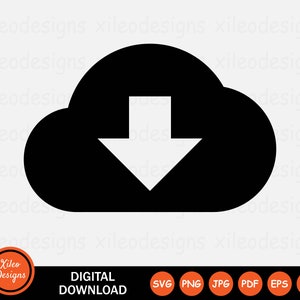 May include: Black and white icon of a cloud with a downward arrow, representing a download from the cloud. The icon is suitable for use in digital products, websites, and social media.