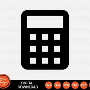 May include: Black and white calculator icon with a display screen and a number pad with 9 buttons.