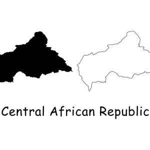 May include: A black and white outline map of the Central African Republic. The map shows the country's borders and shape.