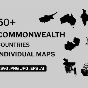 Puede incluir: Mapas de contorno en blanco y negro de más de 50 países de la Commonwealth. El texto "50+ Commonwealth Countries Individual Maps .SVG .PNG .JPG .EPS .AI" está en la parte inferior de la imagen.