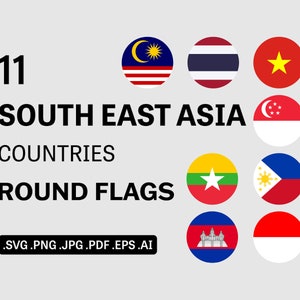 Puede incluir: Un conjunto de 11 banderas redondas que representan los países del sudeste asiático. Las banderas están en un círculo, con las banderas de Malasia, Tailandia, Vietnam, Singapur, Myanmar, Filipinas, Camboya e Indonesia visibles. El texto "11 SOUTH EAST ASIA COUNTRIES ROUND FLAGS .SVG .PNG .JPG .PDF .EPS .AI" está debajo de las banderas.