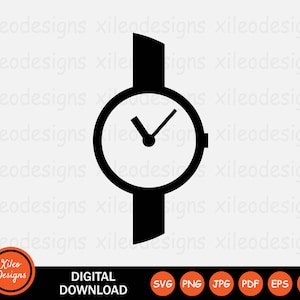 May include: Black and white silhouette of a wristwatch with a round face and hands. The watch has a simple design with a band and a buckle.
