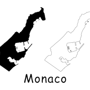 Mapa de Mónaco, Mapa de Mónaco, Mapa de Mónaco con contorno sólido detallado en blanco y negro, Descarga digital instantánea svg png eps ai