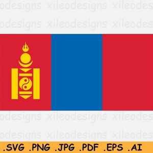 May include: The flag of Mongolia features a vertical triband of red, blue, and red with a stylized Soyombo symbol in the center of the left red band. The Soyombo symbol is a complex design featuring a flame, a sun, a crescent moon, a yin-yang symbol, and a triangle.