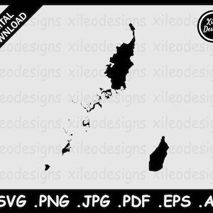 May include: Black and white silhouette of the islands of the Philippines. The islands are grouped together in a shape resembling an archipelago. The image is a digital download and includes the file formats SVG, PNG, JPG, PDF, EPS, and AI.