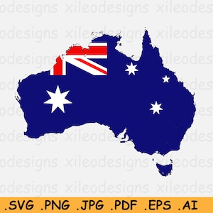 Bandera de mapa de Australia SVG, Mapa de Australia con la bandera nacional australiana, Descarga digital instantánea Clipart del país, svg eps ai png jpg pdf