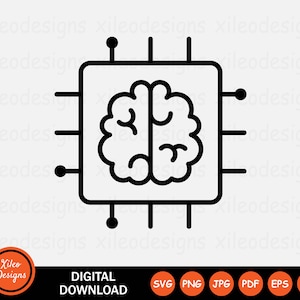Artificiell intelligens ikon SVG AI hjärna datorchip CPU symbol tecken grafik Clipart vektor Cricut digital nedladdning png jpg eps pdf ai