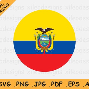 Puede incluir: Una pegatina circular con la bandera de Ecuador. La bandera es amarilla, azul y roja con el escudo de armas ecuatoriano en el centro. El escudo de armas presenta un cóndor, una montaña y un sol.