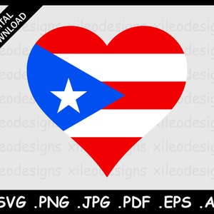 May include: A red heart with a white star on a blue triangle, all on a white and red striped background. The heart is a representation of the Puerto Rican flag.