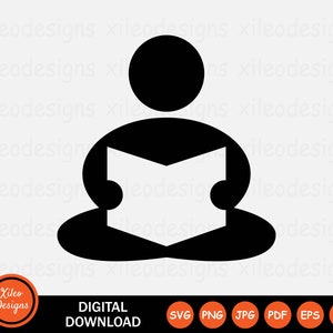 May include: Black and white silhouette of a person sitting cross-legged and reading a book.