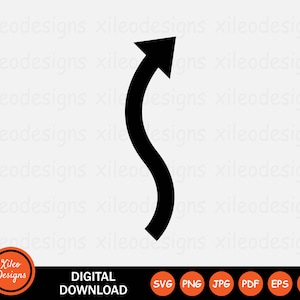 May include: Black and white vector illustration of a curved arrow pointing upwards. The arrow is thick and bold, with a slight curve in the shaft. The arrowhead is pointed and sharp.