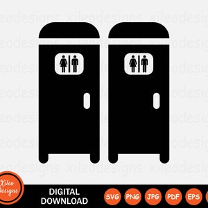 May include: Black and white silhouette of two public restrooms with a male and female symbol on each door.