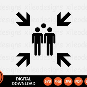 Puede incluir: Ilustración en blanco y negro de dos figuras de palo de pie una al lado de la otra. Cuatro flechas negras apuntan hacia adentro hacia las figuras, creando una forma cuadrada.