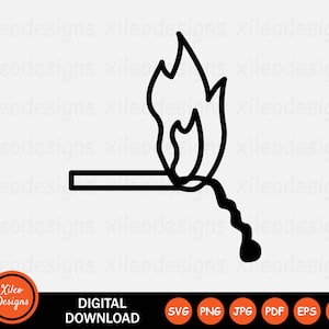 May include: A black and white line art illustration of a matchstick with a flame burning at the end. The flame is depicted as a series of curved lines.