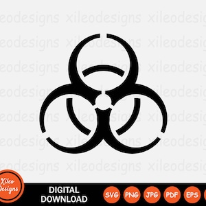 Könnte beinhalten: Schwarzweißes Biohazard-Symbol, ein stilisiertes Design mit drei Kreisen und einem zentralen Punkt.