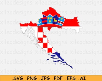 Croatia Flag Map SVG - Croatian Digital Map Flag Country Nation Silhouette Outline Shape, Scrapbook Clipart Vector Icon - eps ai png jpg pdf