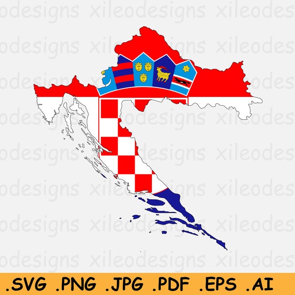 Croatia Flag Map SVG - Croatian Digital Map Flag Country Nation Silhouette Outline Shape, Scrapbook Clipart Vector Icon - eps ai png jpg pdf