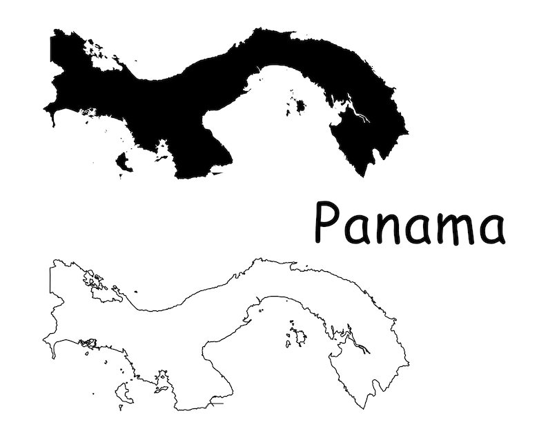 Map of Panama, Panama Map, Black and White Detailed Solid Outline Boundary Country Map of Panama, Instant Digital Download svg png eps ai image 1