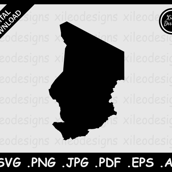 Chad Map SVG, Chadian Country National Border Boundary, Black Silhouette Cutout Cricut Cut File Vector Icon, svg png jpg jpeg pdf ai eps